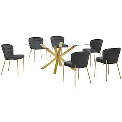 Rectangle Tempered Glass Dining Table With 6 Dark Grey Side Chairs