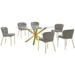 Rectangle Tempered Glass Dining Table With 6 Grey Side Chairs