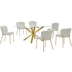Rectangle Tempered Glass Dining Table With 6 Cream Side Chairs