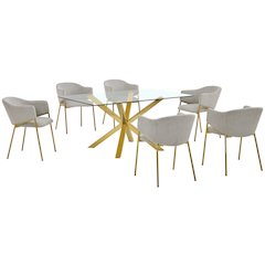 7Pc Rectangle Tempered Glass Dining Table With 6 Gray Side Chairs