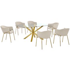 7Pc Rectangle Tempered Glass Dining Table With 6 Beige Side Chairs