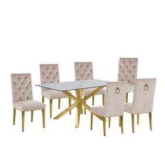 Contemporary 7pc Dining Set, Glass Dining Table w/Stainless Steel Gold Base & Velvet Tufted Chrome Leg Dining Chairs, Beige