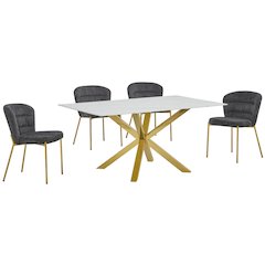 Rectangle White Marble Wrap Glass Dining Table With 4 Dark Grey Side Chairs