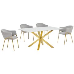 5Pc Rectangle Marble Wrap Tempered Glass Dining Table 4 Linen Gray Side Chairs