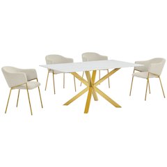 5Pc Rectangle Marble Wrap Tempered Glass Dining Table 4 Linen Beige Side Chairs