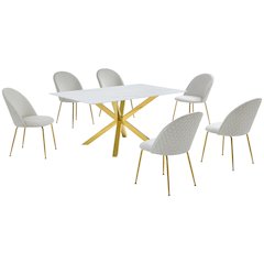 Best Quality Furniture Glass With White Marble Wrap Dining Set And Cream Chairs
