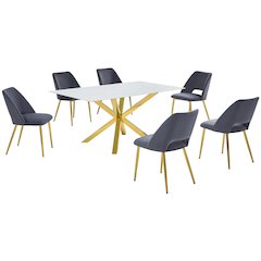 Best Quality Furniture Glass With White Marble Wrap Dining Set And Gray Chairs