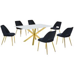 Best Quality Furniture Glass With White Marble Wrap Dining Set And Black Chairs