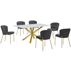 Rectangle White Marble Wrap Glass Dining Table With 6 Dark Grey Side Chairs