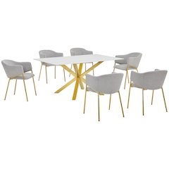 7Pc Rectangle Marble Wrap Tempered Glass Dining Table 6 Linen Gray Side Chairs