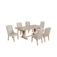7 Piece Traditional Dining Table With Beige Side Chairs