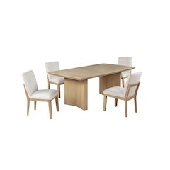 5pc Lighjt Oak Natural Finish Cream Linen Fabric Chairs Dining Set