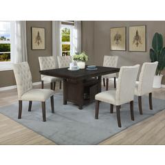 7pc Dining Set w/Uph Chairs Tufted & Table w/Storage, Beige
