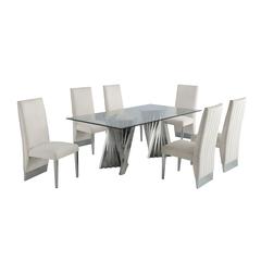 Classic 7pc Dining Set w/Pleated r Side Chair, Glass Table w/ Silver Spiral Base, Beige