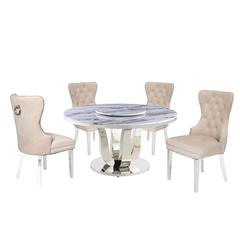 White Marble Round 5 piece Dining Set Ring Chairs in Cream Velvet - Lazy Susan