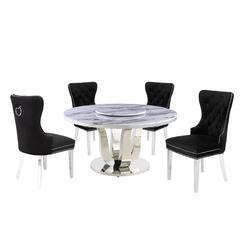 White Marble Round 5 piece Dining Set Ring Chairs in Black Velvet - Lazy Susan