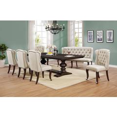 Classic 7pc Dining Set w/Uph Bench & Wingback Chairs Tufted & Naildhead Trim, Table w/Center 20" Leaf, Beige