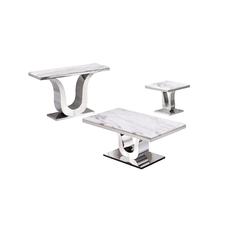 White Marble Coffee Table Set: Coffee Table, End Table, Console Table w/Stainless Steel U-Base