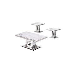 White Marble Coffee Table Set: Coffee Table, 2 End Tables w/Stainless Steel U-Base