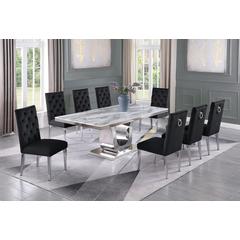 White Marble 9pc Set Tufted Ring Chairs in Black Velvet