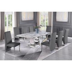 White Marble 9pc Set Pleated Chairs in Dark Grey Velvet