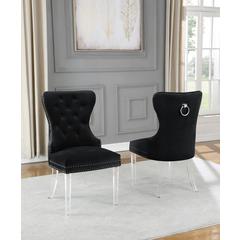 Black Velvet Tufted Dining Side Chairs, Acrylic Legs - Set of 2