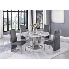 White Marble Lazy-Susan Dining Set Pleated Chairs in Dark Grey Velvet