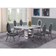 White Marble 7pc Set Stainless Steel Chairs in Dark Grey Velvet