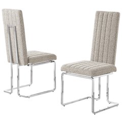 Gray Boucle Fabric Silver Chrome Base Tall Back Rest Dining Chairs (Set Of 2)