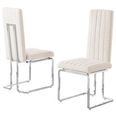 Cream Boucle Fabric Silver Chrome Base Tall Back Rest Dining Chairs (Set Of 2)