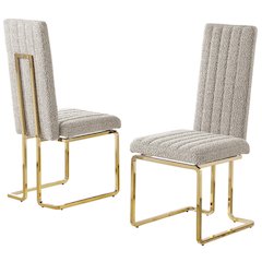 Gray Boucle Fabric With Gold Chrome Base Tall Back Rest Dining Chairs (Set Of 2)
