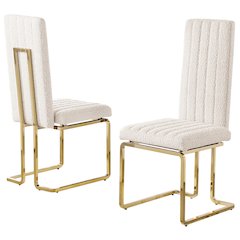 Cream Boucle Fabric Gold Chrome Base Tall Back Rest Dining Chairs (Set Of 2)