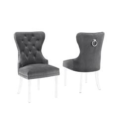 Velvet Tufted Side Chair Set of 2, Acrylic Legs, Dark grey