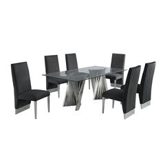 Classic 7pc Dining Set w/Pleated Side Chair, Glass Table w/ Silver Spiral Base, Black
