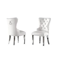 White Faux Leather Tufted Dining Side Chairs, Stainless Steel Legs - Set of 2