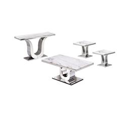 White Marble Coffee Table Set: Coffee Table, 2 End Tables, Console Table w/Stainless Steel U-Base