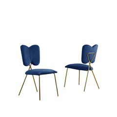 Set of 4, Navy Blue Velvet Guest Side Chair with Wingback, Chrome Gold