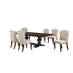 7 Piece Dining Set Extendable w/20"Center Leaf Extension & 6 Chairs in Beige Linen