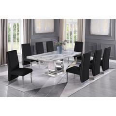 White Marble 9pc Set Pleated Chairs in Black Velvet