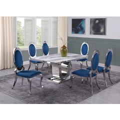 White Marble 7pc Set Stainless Steel Chairs in Navy Blue Velvet