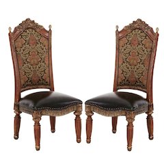 Classic Chestnut Dining Side Chairs with Leather & Jacquard Upholstery, Set of 2