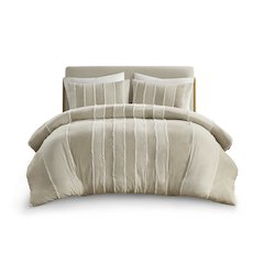 Shay 3 Piece Striped Cotton Duvet Cover Set, Taupe color
