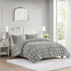 Evelyn 3 Piece Stripe Ruched Comforter Set, Grey color