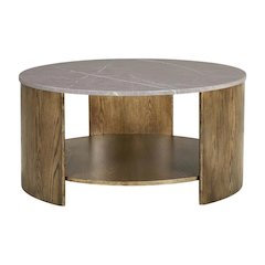 Brown Round Coffee Table with MDF and Marble Paper Top and Lower Shelf