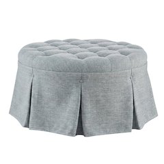 Light Blue Tufted Round Ottoman, Skirted Seat for Bedroom