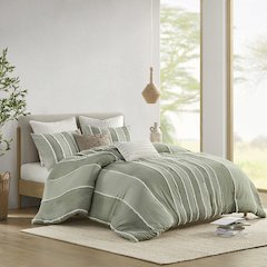 Shay 3 Piece Striped Cotton Duvet Cover Set, Sage color