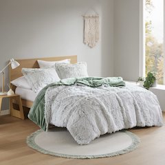 Malea Shaggy Faux Fur Comforter Mini Set in Green/White Color
