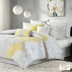 Lola Printed Cotton Sateen Comforter Set, Taupe Grey/Yellow color