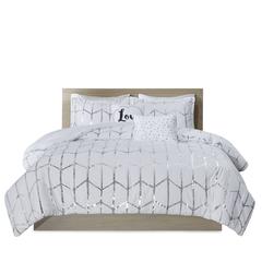 White and Silver Metallic Printed Comforter Set, Belen Kox