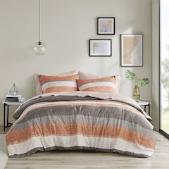 Jaxon Stripe Comforter Set with Bed Sheets, Coral/Grey color
